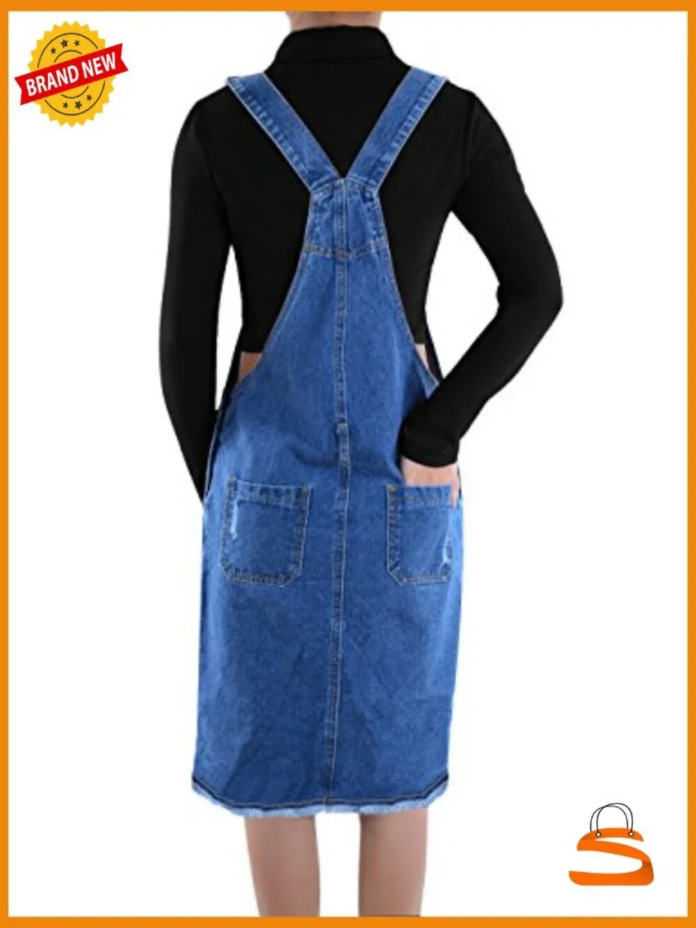 Distressed Denim Adjustable Strap Overall Dress Knee-Length